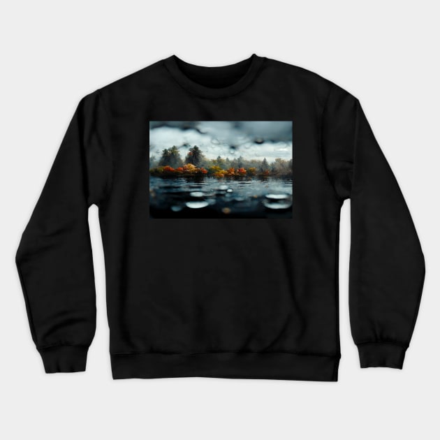 Foggy Lake Falling Raindrops On A Rainy Autumn Day Crewneck Sweatshirt by Unwind-Art-Work